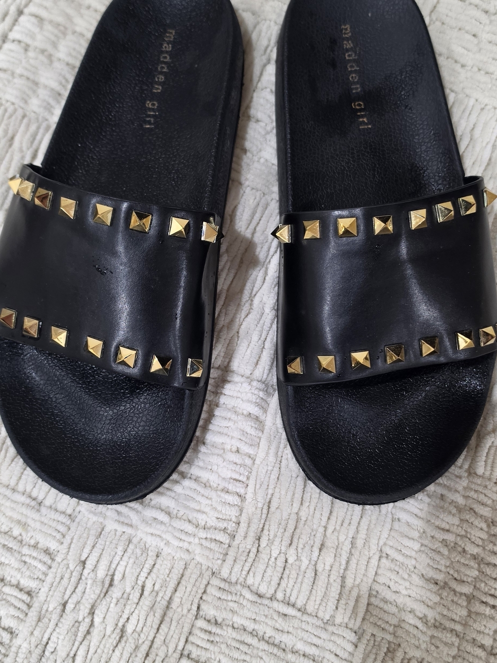 Madden Girl Black Slide Sandals with Gold Studs